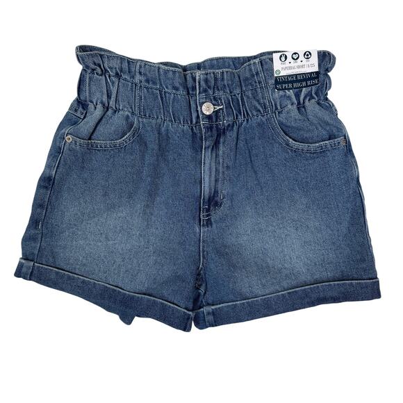 Y2K 90s Vintage Revival Paperbag Denim Shorts Juniors Womens Size 1/25 Rewash‎ - Picture 1 of 10